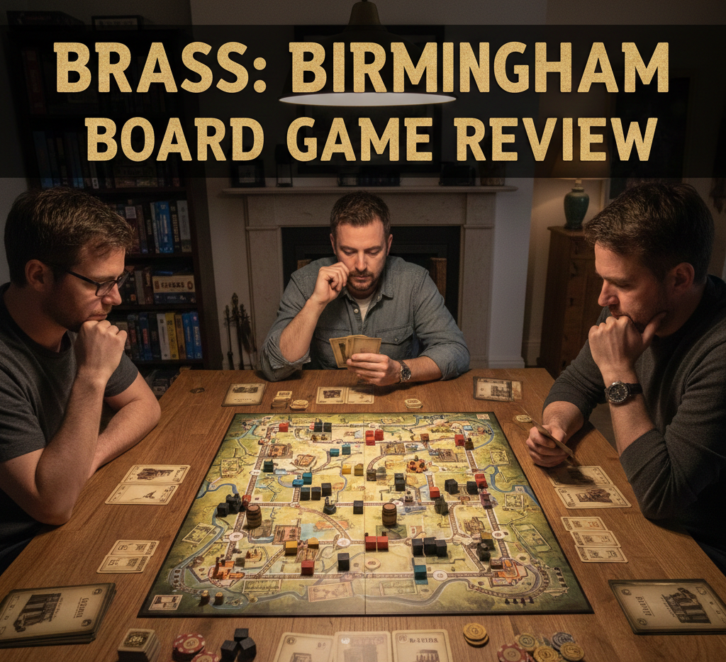 Brass: Birmingham economic strategy board game designed by Gavan Brown, Matt Tolman, and Martin Wallace, published by Roxley in 2018, for 2-4 players ages 14+, 60-120 minute playtime, 3.87/5 complexity rating, set in Industrial Revolution England 1770-1870 featuring Canal and Rail eras, building coal mines, iron works, cotton mills, potteries, and breweries with network building mechanics, 2018 Golden Geek Best Strategy Board Game winner.