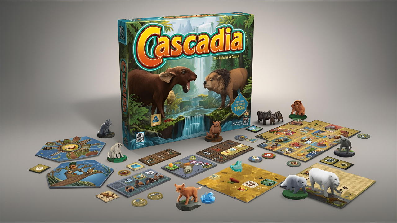 Cascadia tile-laying puzzle game by Randy Flynn featuring hexagonal habitat tiles, five wildlife species (bears, elk, salmon, hawks, foxes), Pacific Northwest theme, Spiel des Jahres 2022 winner for 1-4 players in 30-45 minute sessions.Retry