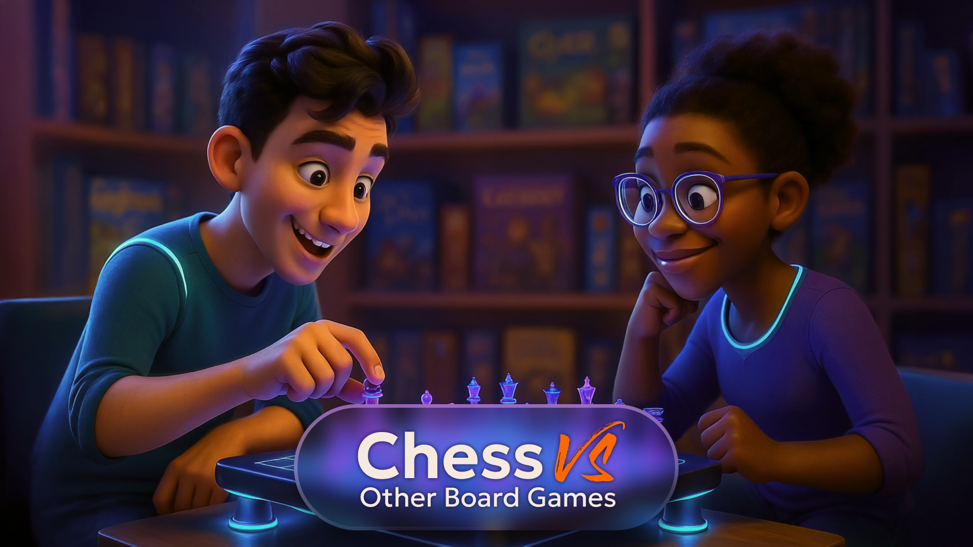 Two animated characters play chess at a table, smiling, with a sign in front reading "Chess vs Other Board Games" in a board game-themed room.