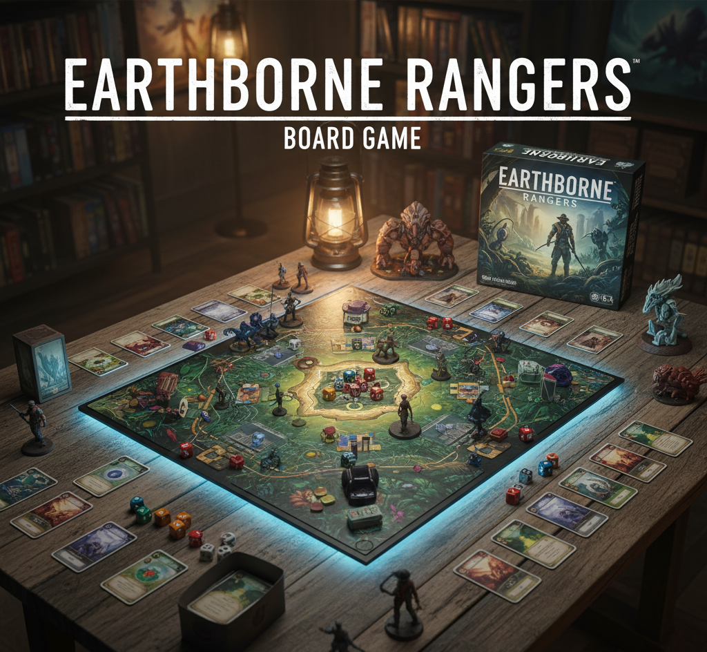 Earthborne Rangers cooperative campaign card game designed by Andrew Fischer, Brooks Flugaur-Leavitt, Andrew Navaro, Adam Sadler, Brady Sadler, published by Earthborne Games 2023, 1-4 players ages 12+, 60-240 minutes, 3.47/5 complexity, far-future wilderness setting with nature-reclaimed civilization, open-world structure with player agency and deck building character progression, pros include genuine player choice and strong solo mode, cons include variable session length and premium price, similar to Arkham Horror LCG and Sleeping Gods.