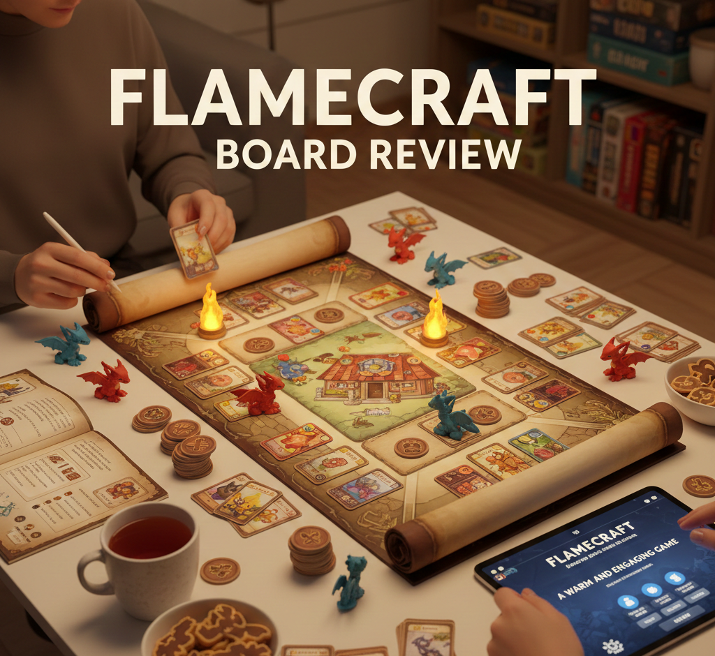 Flamecraft board game designed by Manny Vega with Sandara Tang artwork published by Cardboard Alchemy in 2022 for 1-5 players ages 10+ featuring artisan dragons helping craftspeople in specialty shops, 60-minute playtime with 2.18/5 complexity rating, neoprene mat over 1 meter long, shop cards, artisan and fancy dragon decks, hand management and set collection mechanics with light engine building, best at 2-3 players, $39.99 retail price comparable to Wingspan and Everdell for accessible family strategy gaming.