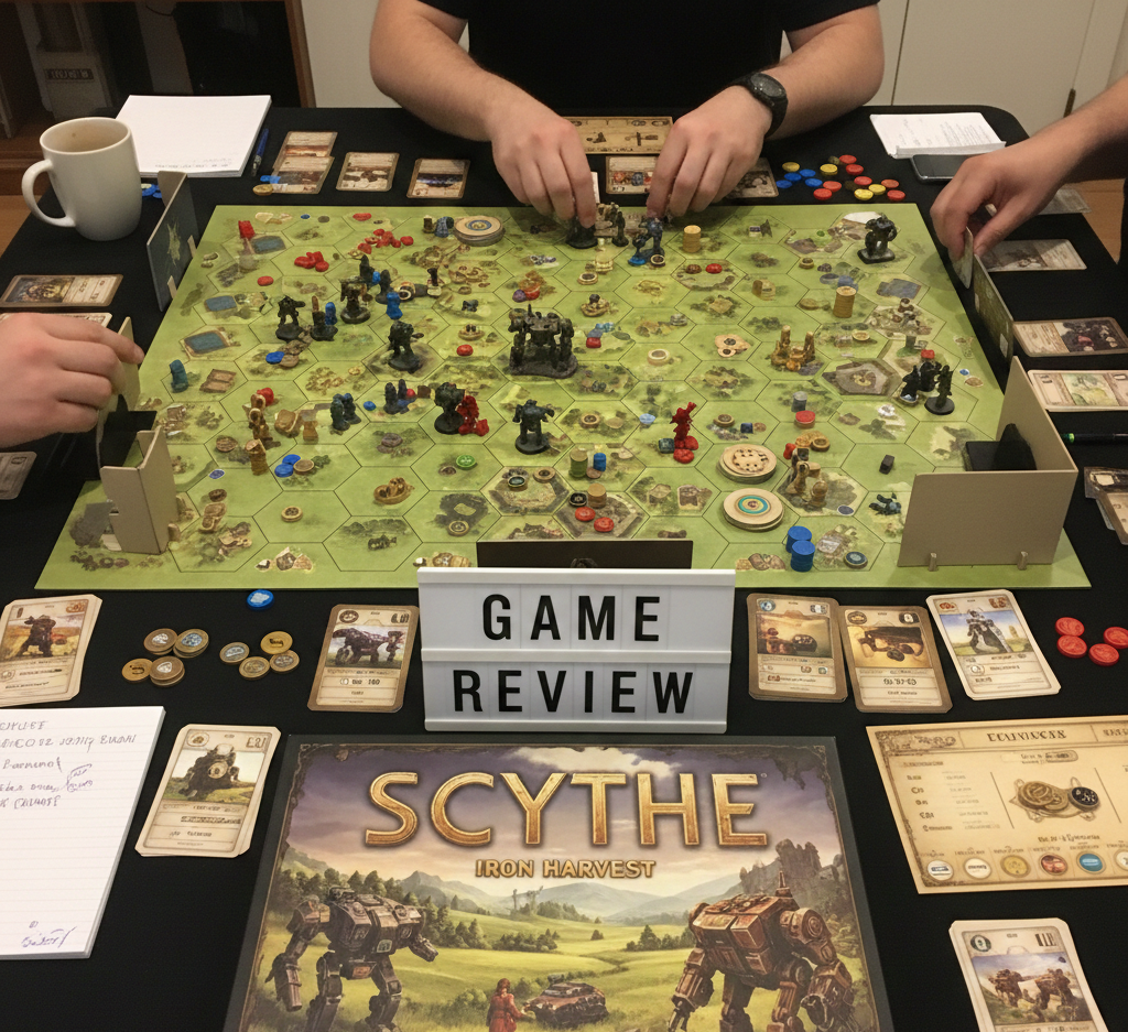 Scythe strategic board game designed by Jamey Stegmaier, published by Stonemaier Games in 2016, set in alternate-history 1920s Eastern Europe with mechs, 1-5 players ages 14+, 115-minute playtime, 3.45/5 complexity rating, Golden Geek Board Game of the Year 2016, featuring 5 asymmetric factions, 80+ miniatures, engine-building and area control mechanics, artwork by Jakub Rozalski, solo mode with Automa deck, game ends at 6th achievement star.