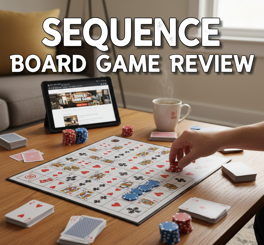 Sequence abstract strategy board game designed by Doug Reuter, published by Jax Ltd. in 1982, for 2-12 players ages 7+, 10-30 minute playtime, 1.31/5 complexity rating, combining standard playing cards with 10x10 grid board where players discard cards and place colored chips on matching spaces to create five-chip sequences in horizontal, vertical, or diagonal lines, featuring two-eyed jacks as wild cards and one-eyed jacks to remove opponent chips, includes 104 cards, 50 blue chips, 50 green chips, 35 red chips, two-team games require two sequences to win while three-team games need one sequence, MSRP $17.97.